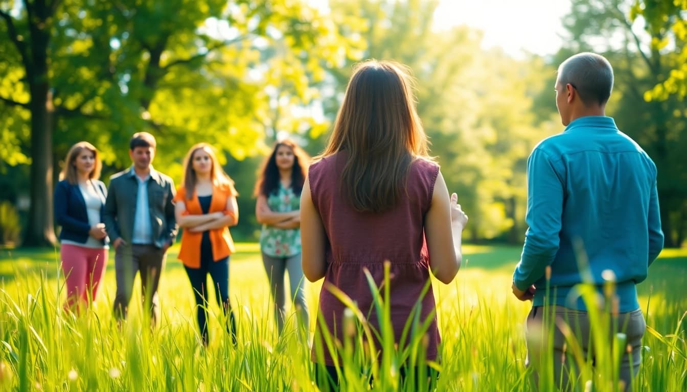 Overcoming stress and anxiety in a peaceful park with a diverse wellness coaching session.