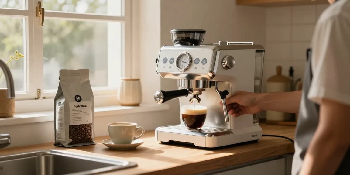 Barista using ROKOK88 link login espresso machine to make perfect coffee in a stylish kitchen.
