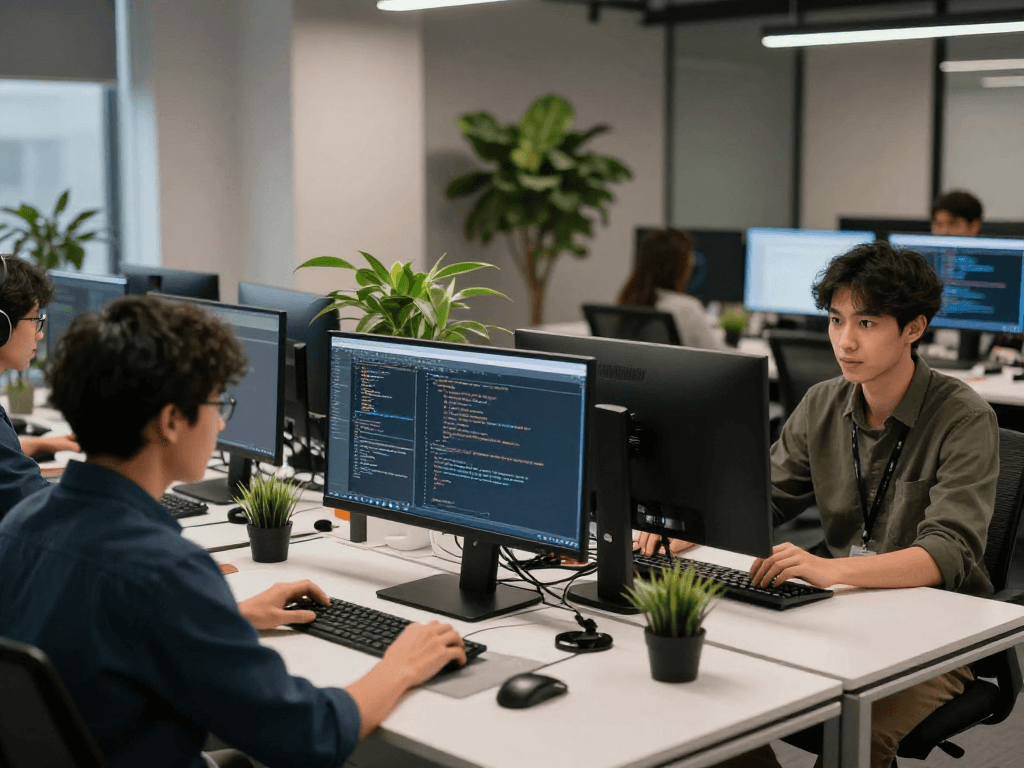 IPTV subscription reseller showcasing advanced software development in a modern workspace with high-tech solutions.