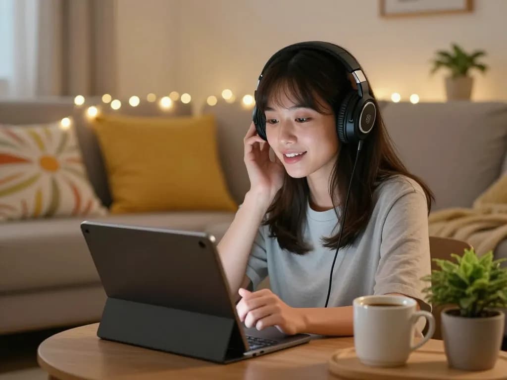 Engaging with girlfriend AI on a tablet in a cozy home setting, showcasing digital companionship.