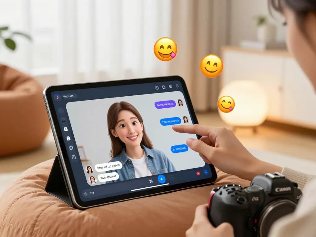 Engaging user interaction with crush ai character on digital tablet in modern setting