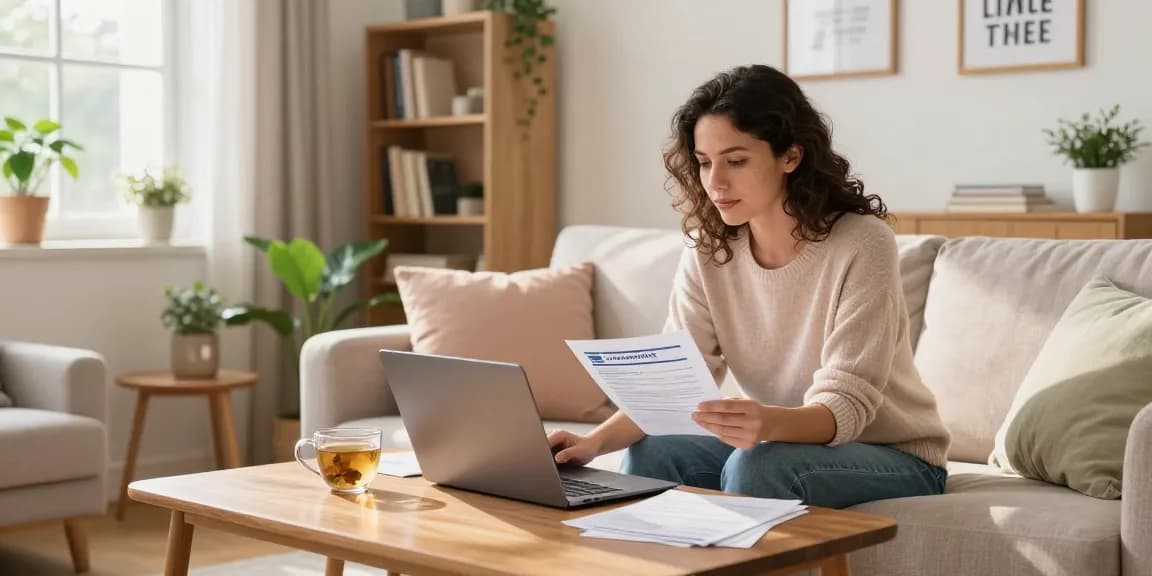 Woman planning to cancel my timeshare in a cozy living room, surrounded by paperwork and a laptop.