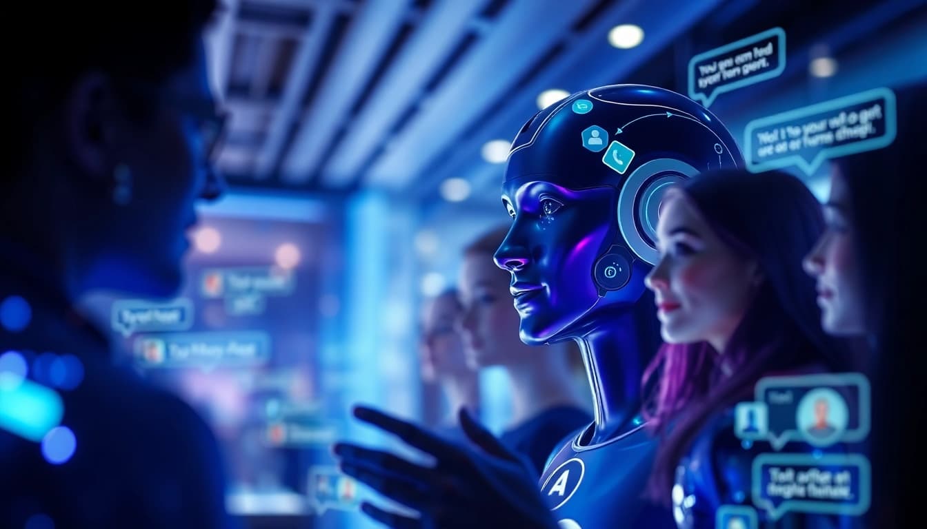 Futuristic AI chat interface showcasing crushonai interactions with diverse character avatars.