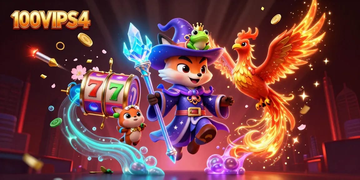 Experience thrilling moments with 100VIPS4 as magical characters ignite action in an engaging online casino scene.