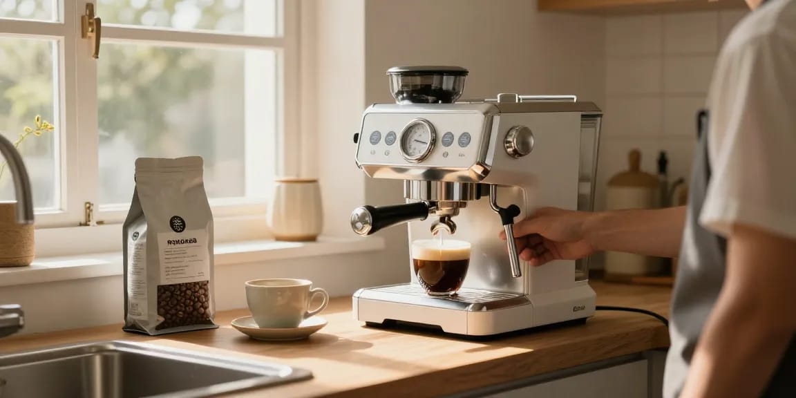 Barista using ROKOK88 link login espresso machine to make perfect coffee in a stylish kitchen.