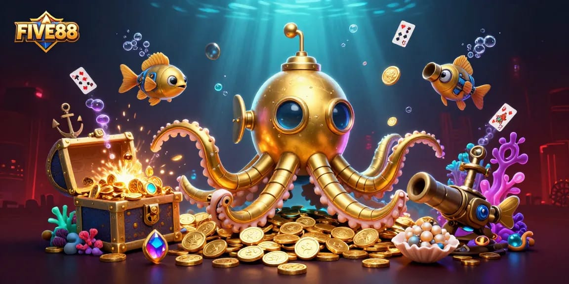 Engage with the immersive FIVE88 casino experience amidst a vibrant underwater scene of winning treasures.