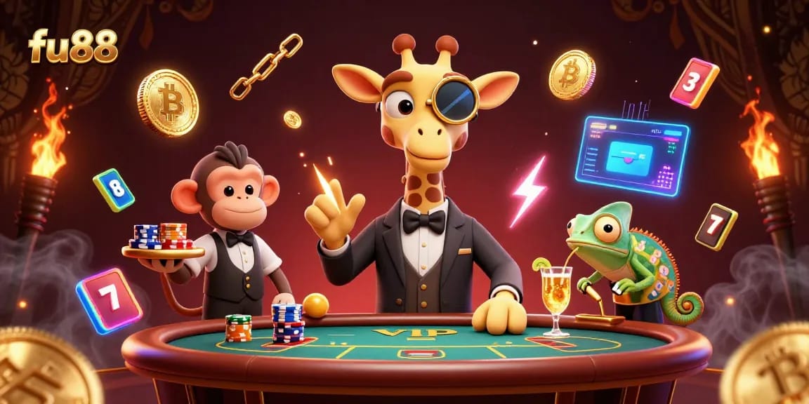 fu88 featuring a high-roller giraffe and monkey valet celebrating big wins at a luxury poker table