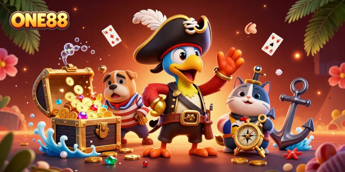 Experience thrilling adventures with ONE88 in this vibrant pirate-themed gambling scene.