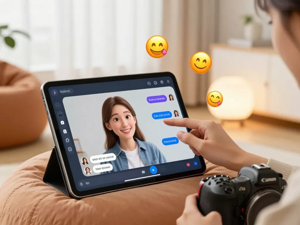 Engaging user interaction with crush ai character on digital tablet in modern setting
