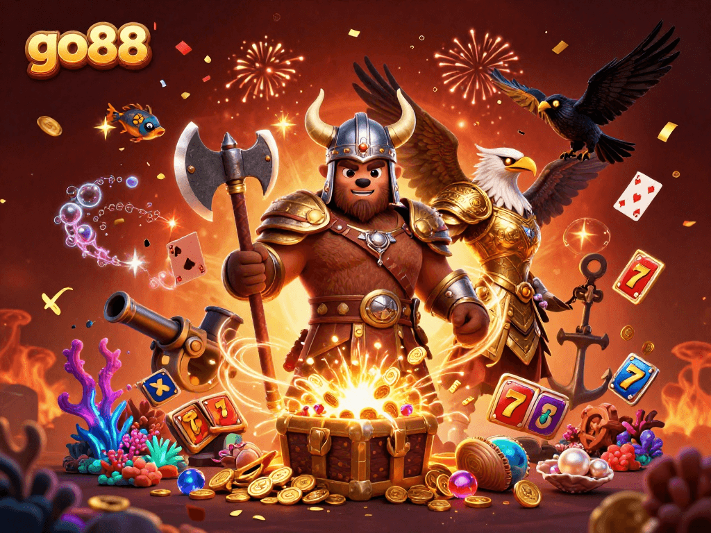 Experience thrilling gameplay with go88 as Viking characters battle amid jewels and slot reels.