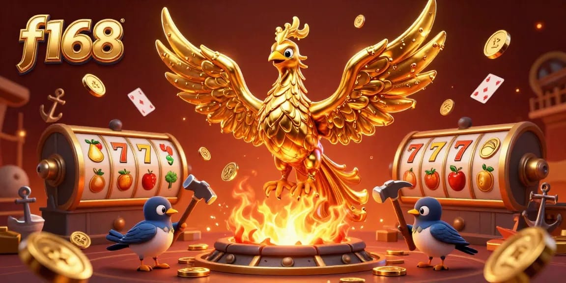 Engage in thrilling gameplay with f168, featuring vibrant 3D elements of winning slots and casino excitement.