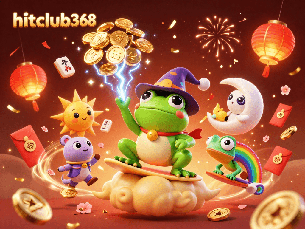 Engage with hitclub368's dazzling 3D casino scene featuring vibrant characters amidst golden gambling luck.