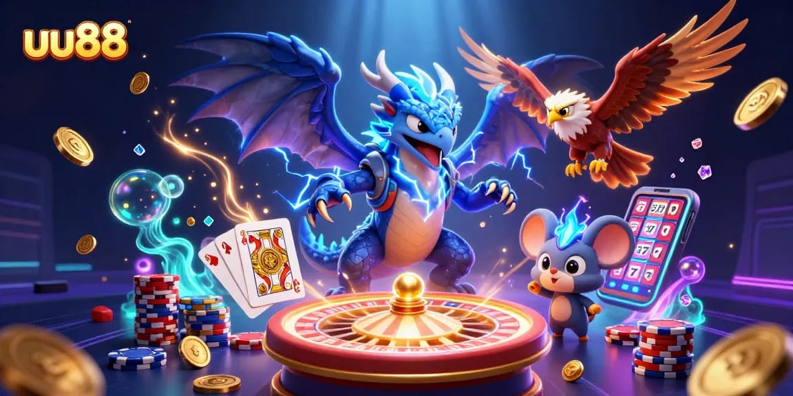 Experience thrilling gameplay at uu88 with enchanting dragons and glowing gems illuminating the casino scene.
