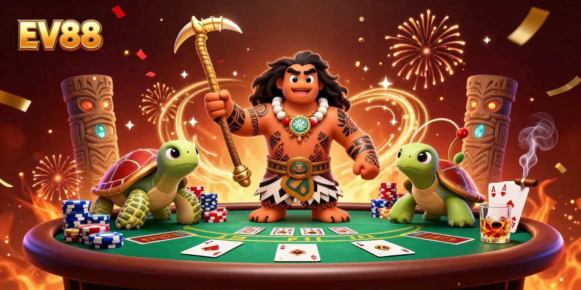Experience thrilling poker action at EV88 with vibrant characters and casino elements.