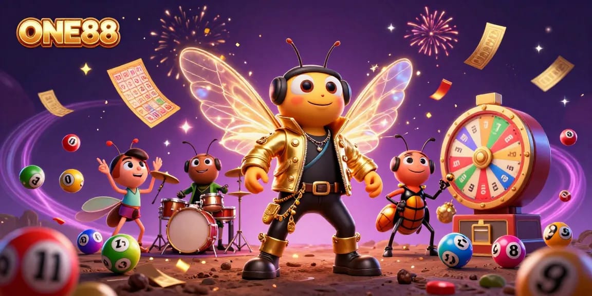 Experience the excitement of ONE88 with a dynamic illustration of a cicada rock star and vibrant lottery elements.