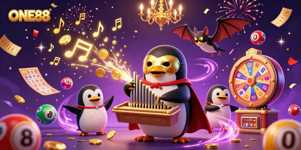 Experience the excitement of ONE88 with a dynamic scene of casino elements and fantasy characters.