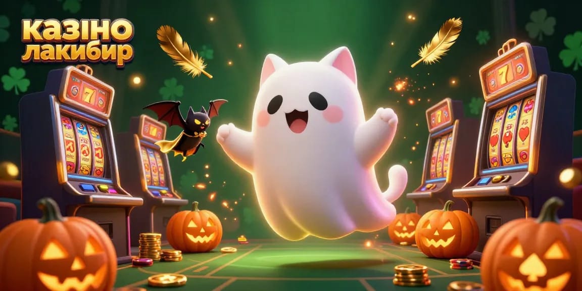 Experience thrilling games at казино лакибир with a ghost cat and vampire bat amidst colorful casino elements.