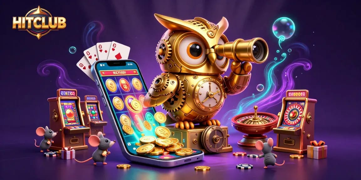 HITCLUB slots art showcasing a 3D owl overlooking a vibrant casino scene, engaging players with dynamic gaming elements.