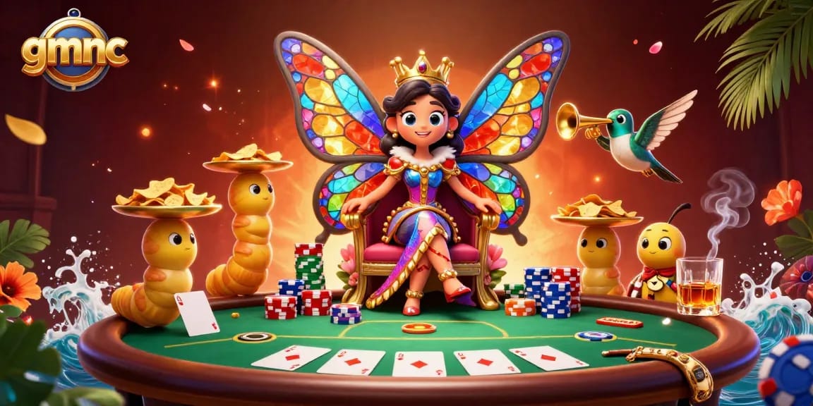 Experience the vibrant world of gmnc with the butterfly queen and dynamic poker scene, showcasing gambling excitement.