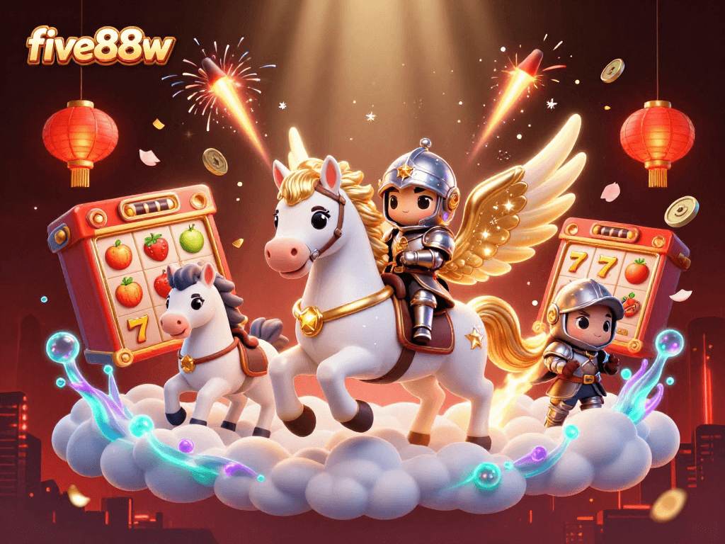 Experience thrilling slots with five88w's vibrant 3D cosmic scene featuring lucky symbols and stellar characters.