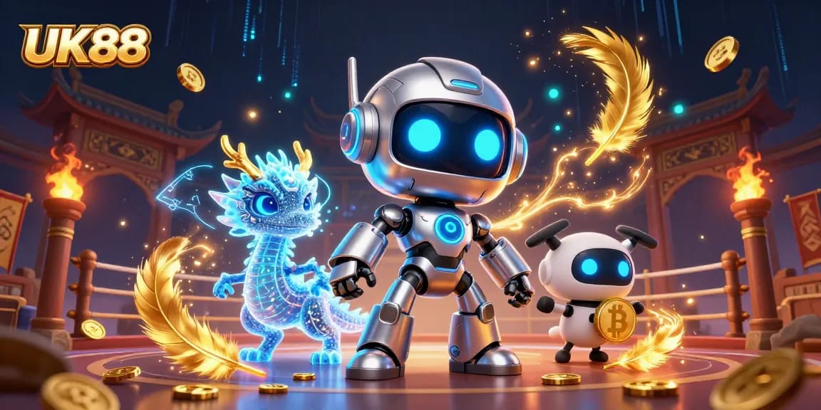 Engage with the thrilling UK88 casino atmosphere featuring an electric robot mascot, dragon, and Bitcoin drone
