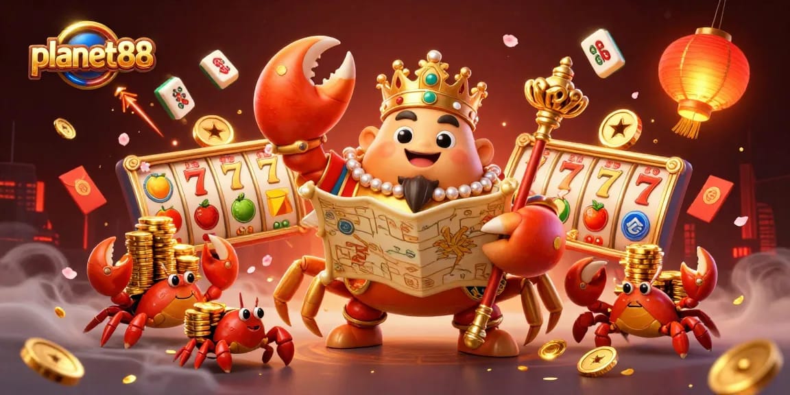 Experience thrilling slot action with planet88's golden emperor and crab servants, amidst jackpot reels.