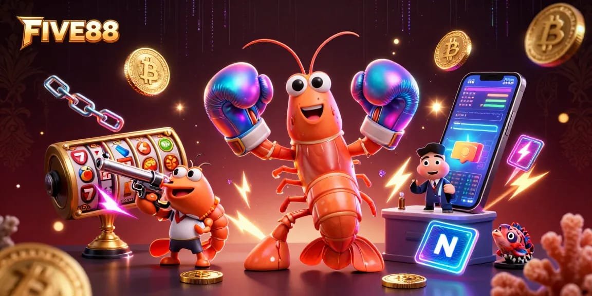 Engage in thrilling gameplay with FIVE88 at a vibrant casino scene featuring dynamic characters.