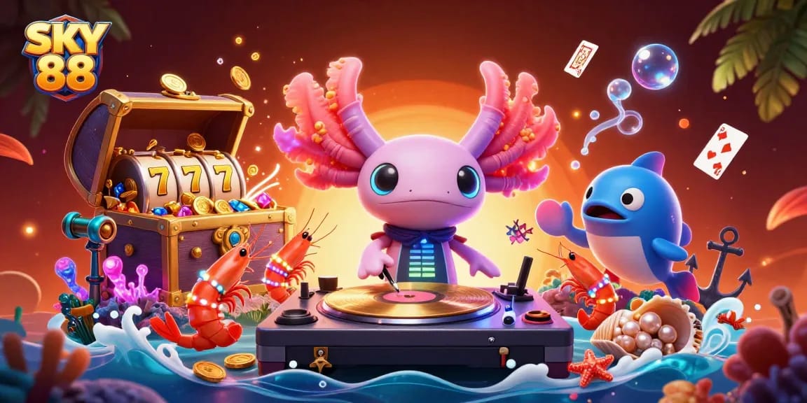 Experience the thrill with SKY 88 as vibrant characters spin slots and treasures in a lively scene.
