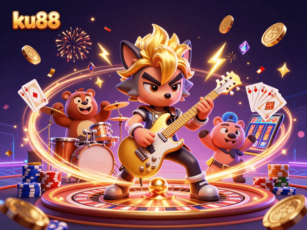 Experience ku88's thrilling action with a cartoon wolf rocking out on stage, surrounded by casino excitement.
