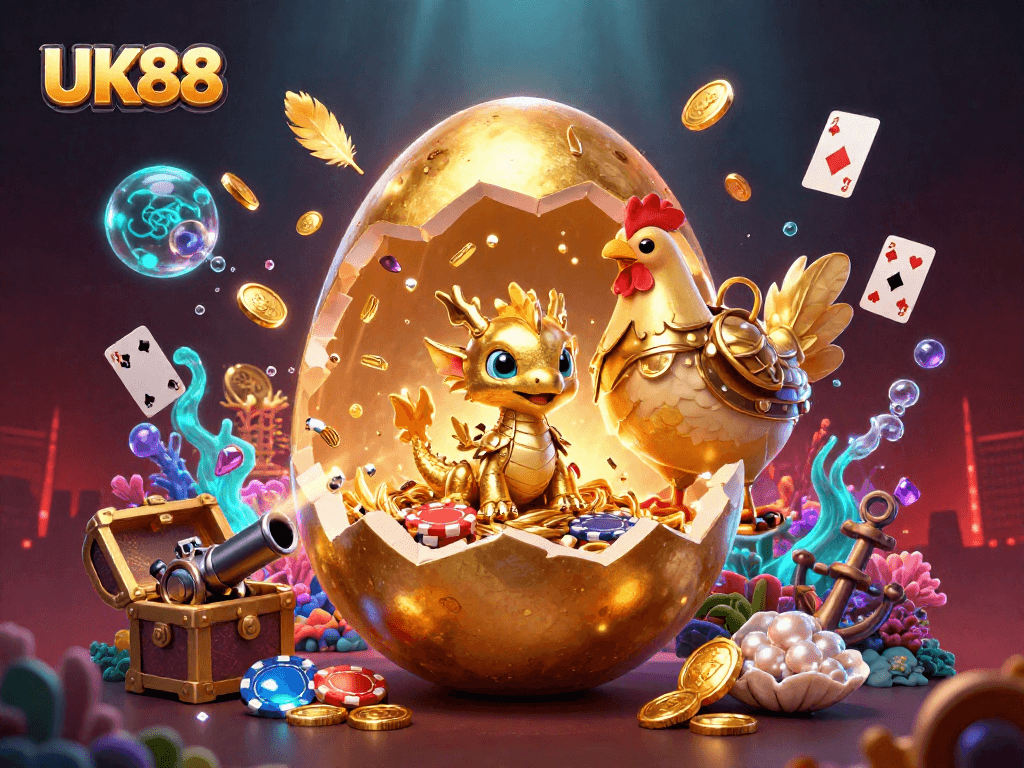 Win big with UK88's golden dragon guarding poker chips and casino treasures!