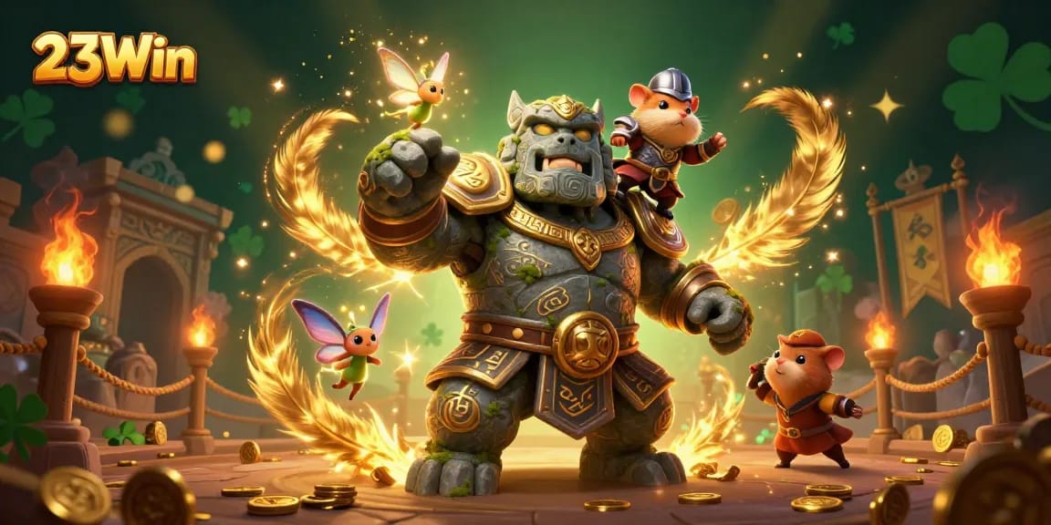 Experience thrilling action at 23Win with a dynamic fantasy illustration showcasing a golem and fairy in a vibrant casino arena.