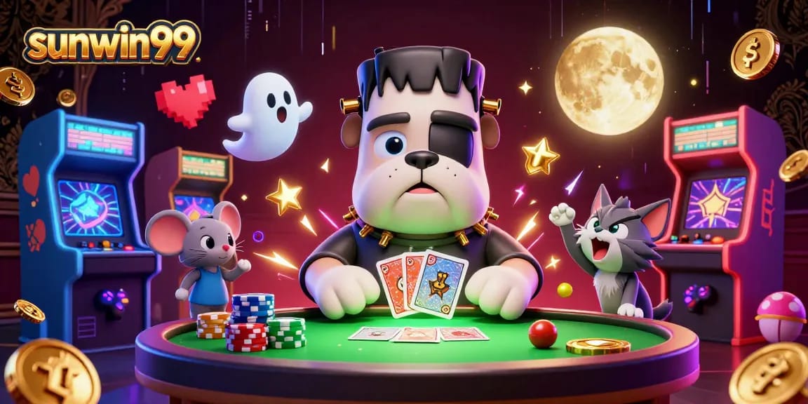 Experience sunwin99’s thrilling casino scene with a vibrant 3D illustration of unique characters playing cards.
