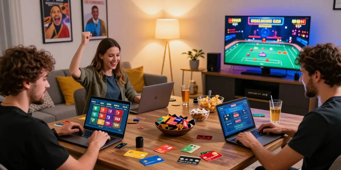 Exciting scene of UK players at home enjoying Mastercard casinos, celebrating wins with credit cards and vibrant gaming setup.