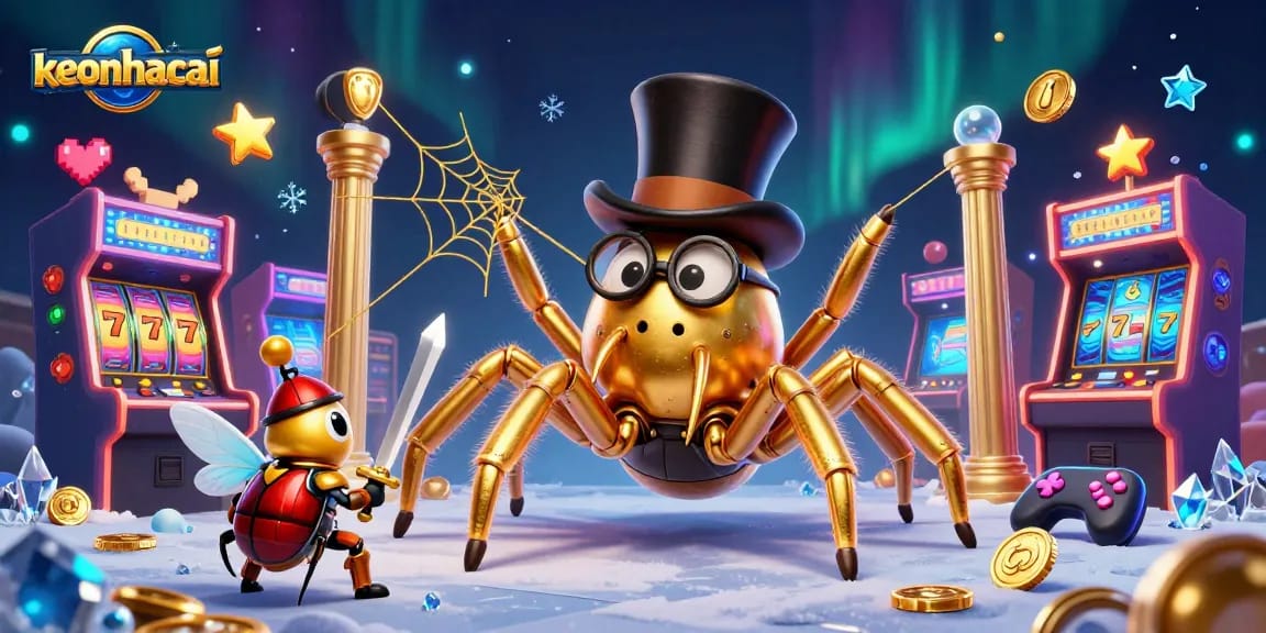Experience keonhacai's thrilling gaming scene with a golden tarantula and beetle knight in a casino