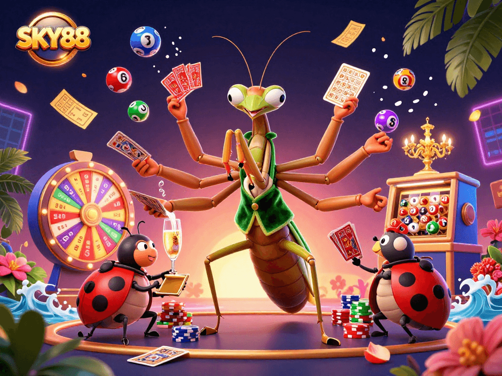 Engage with SKY88's vibrant casino world through a dynamic lottery scene featuring fantastical characters.