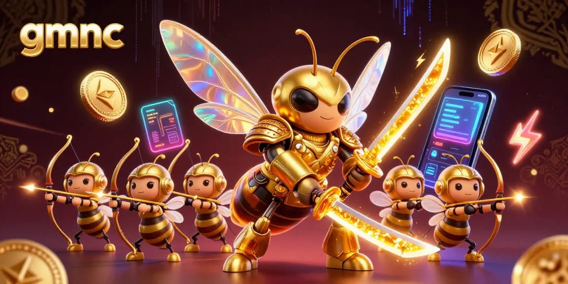 Experience the thrilling world of gmnc with a vibrant 3D illustration showcasing a golden hornet in samurai armor amidst crypto coins.