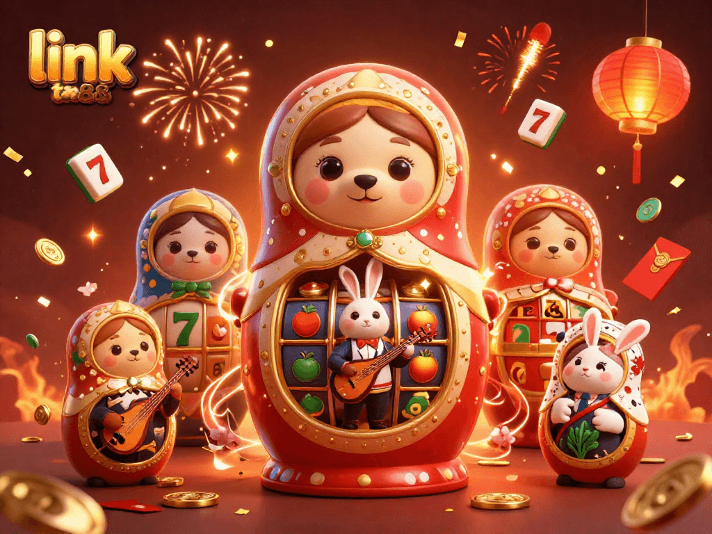 Engage with link tx88 in this vibrant 3D casino scene filled with festive characters and elements.