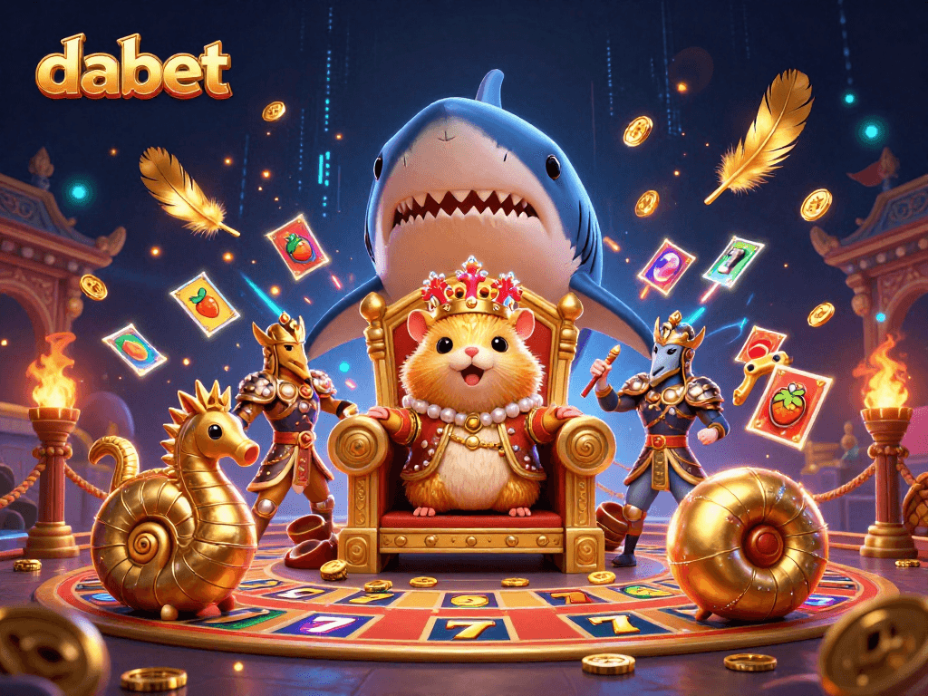 dabet's vibrant casino scene featuring a golden hamster king and dynamic slot elements.