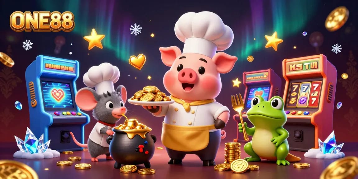Engage with ONE88's vibrant casino action featuring a cartoon chef pig and gaming elements.
