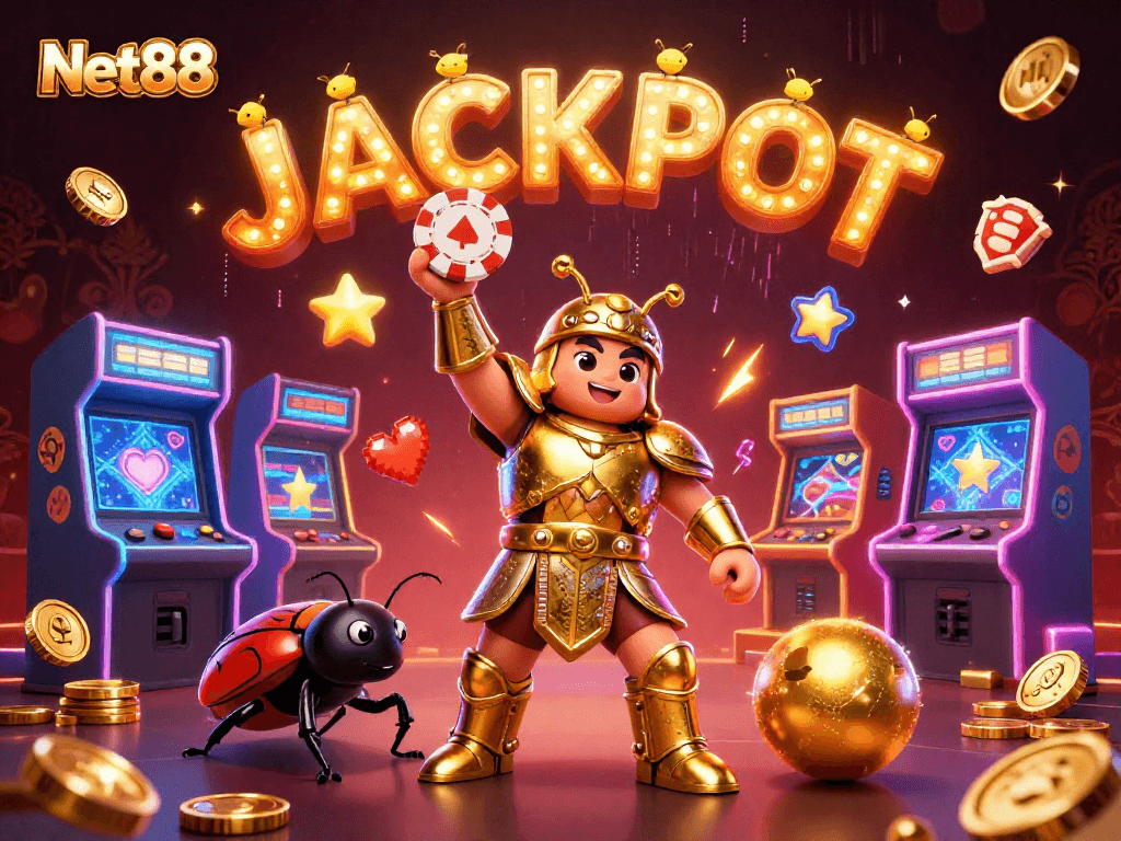 Net88 celebrates a jackpot victory with an armored beetle lifting poker chips amidst dynamic 3D gaming elements.