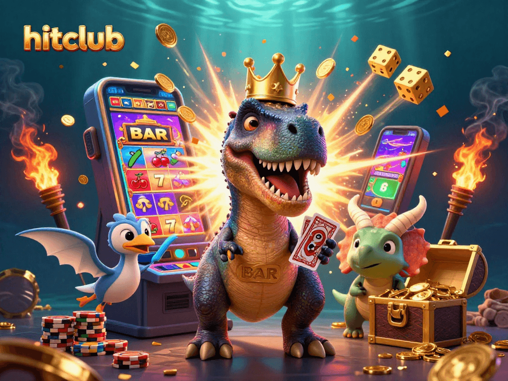 Engage with hitclub's dynamic gaming scene featuring T-Rex and friends in a vibrant casino atmosphere.