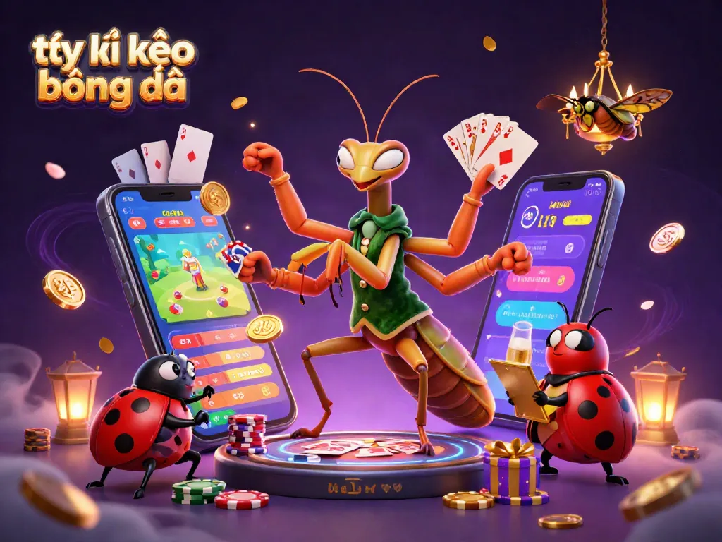 Engaging 3D illustration depicting tỷ lệ kèo bóng đá with a giant praying mantis card sharp and ladybug pit boss in a vibrant casino environment.