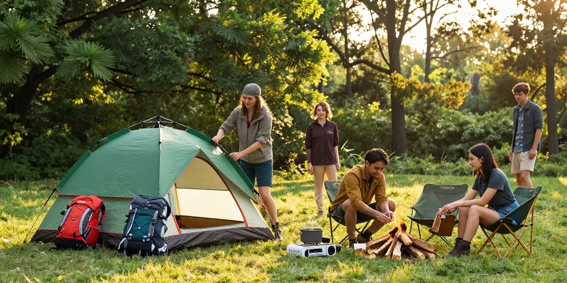 Group of campers enjoying rokok 88 outdoor gear at sunset in a vibrant campsite.