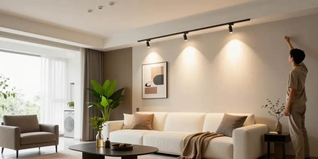 Sistem de iluminat modern cu sina magnetică în living elegant.