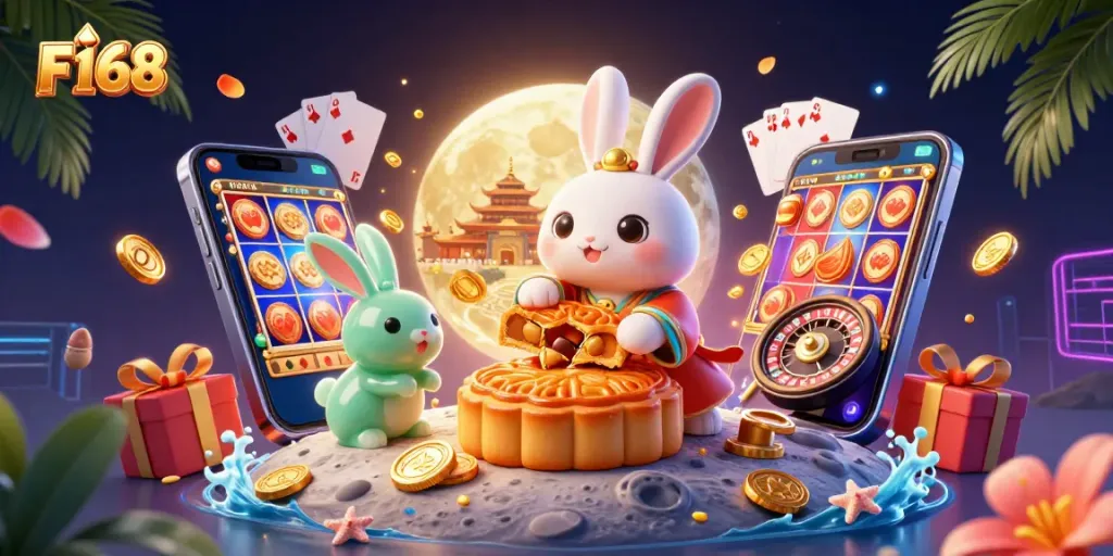 Engage with F168's vibrant slot games as the moon rabbit celebrates with poker chips and golden coins.