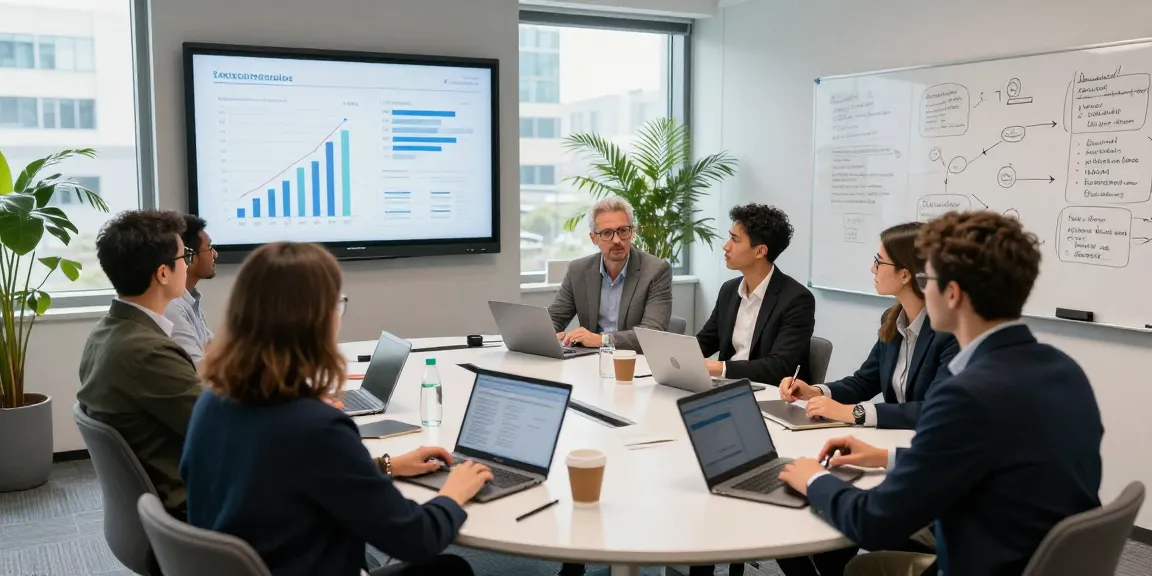 Group of entrepreneurs collaborating in a Schweizer Unternehmernetzwerk meeting, with presentations and brainstorming.
