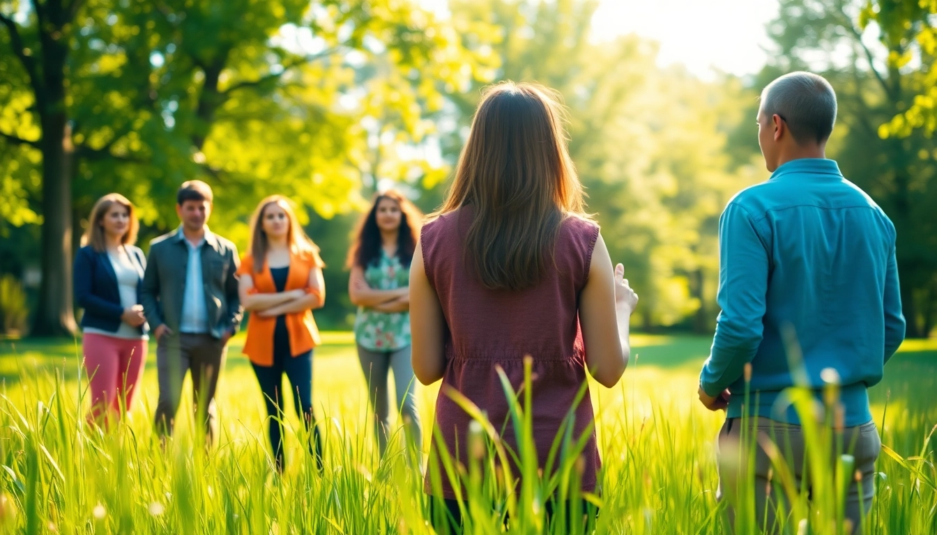 Overcoming stress and anxiety in a peaceful park with a diverse wellness coaching session.