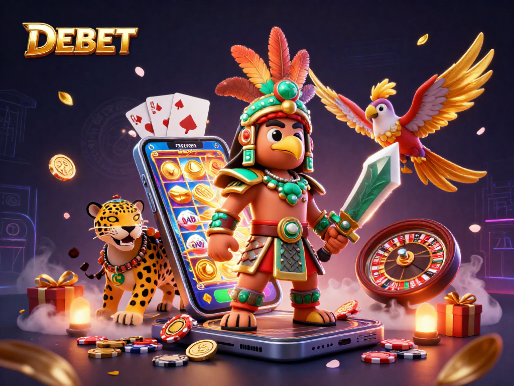 DEBET slots come alive with an Aztec warrior, golden coins, and dynamic game elements.