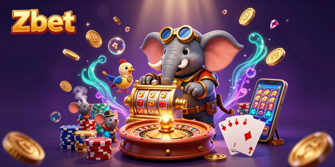 Zbet showcases engaging online casino action with a steampunk elephant at the slot machine and colorful gambling elements.
