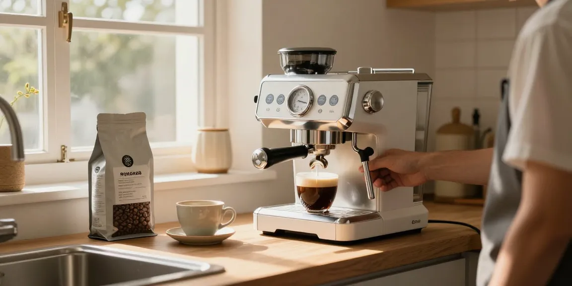Barista using ROKOK88 link login espresso machine to make perfect coffee in a stylish kitchen.